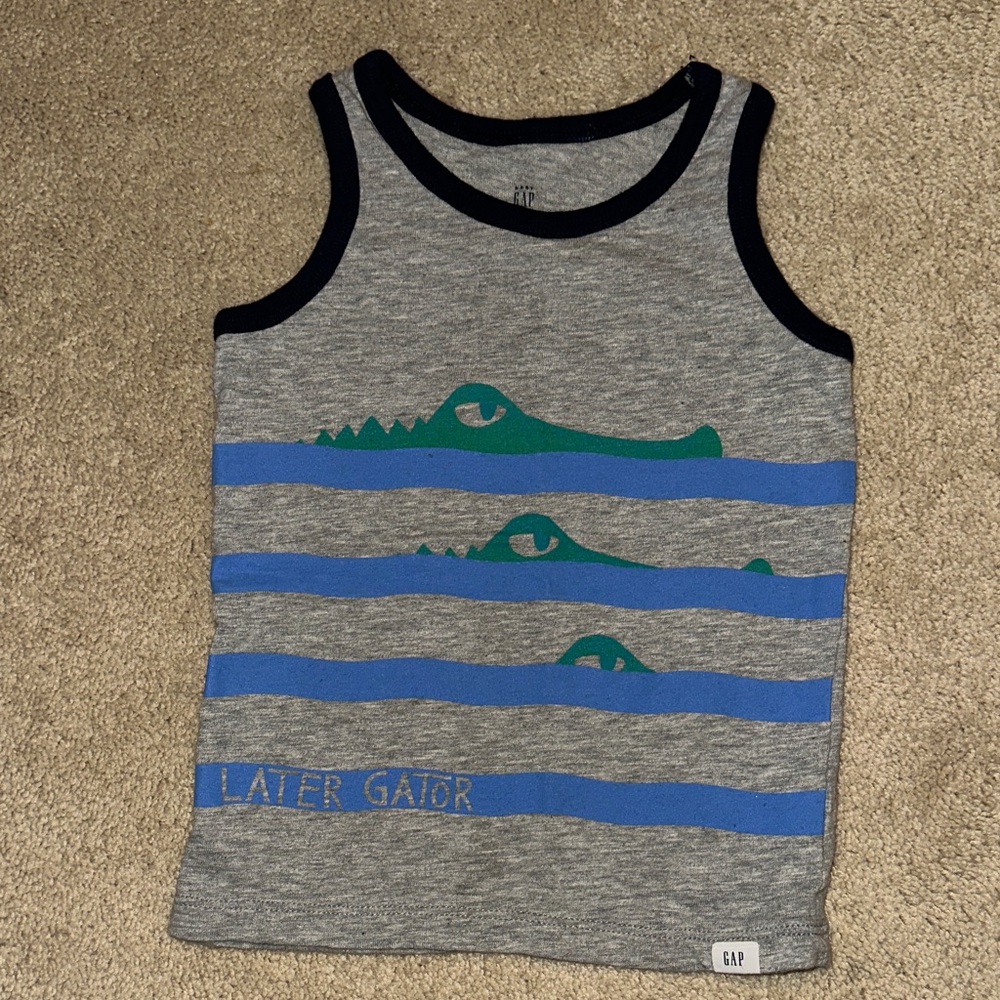 GAP Kids Gray Tank with Blue Stripes and Green Crocodile